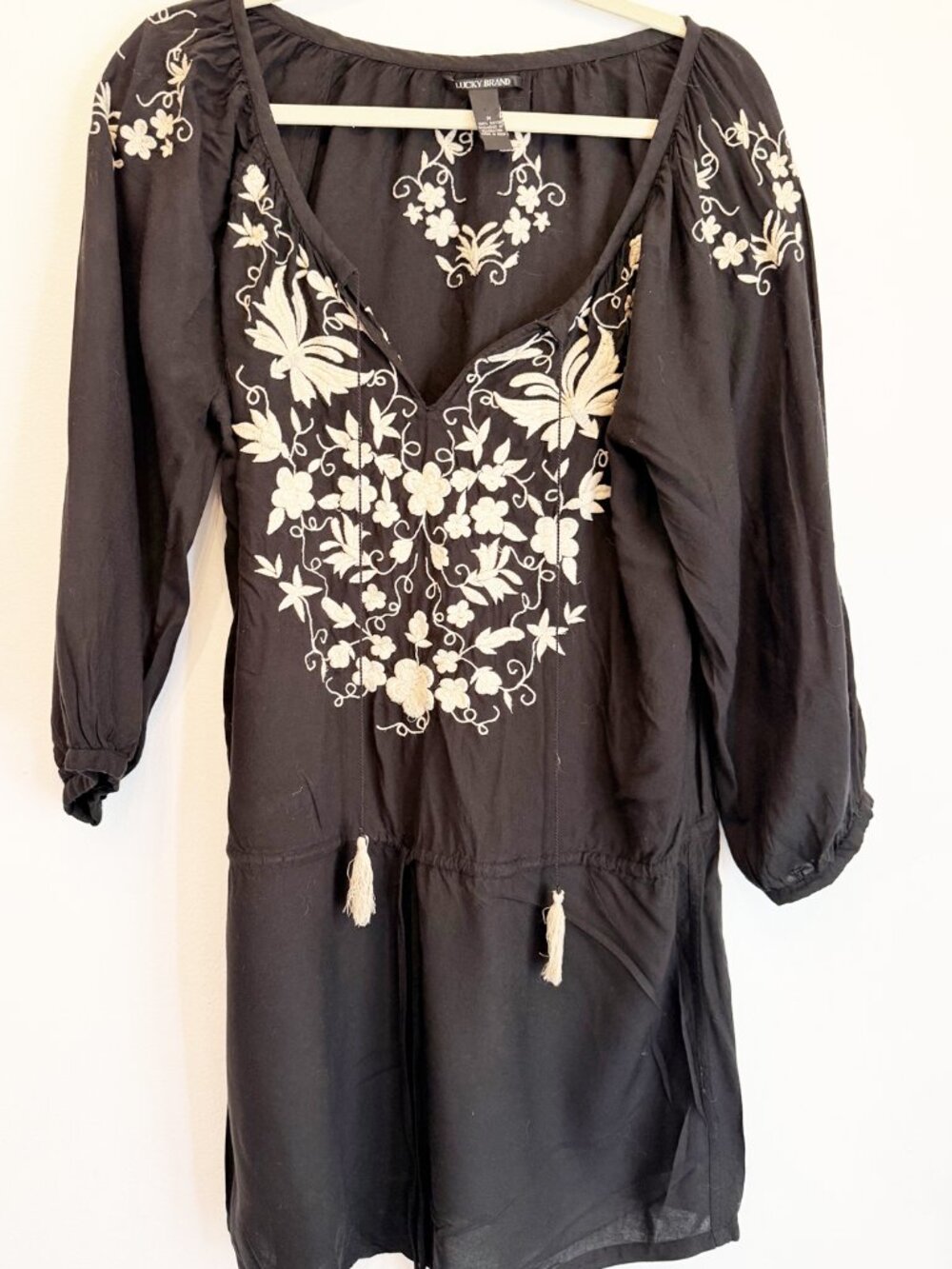 Lucky Brand Women's M Black Cream Embroidered Tunic 3/4 Sleeve Boho Dress